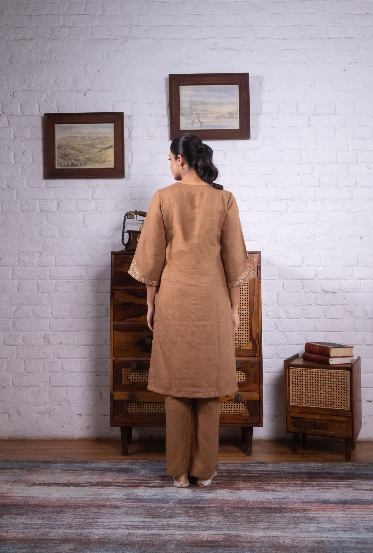 Warm Mocha Brown Pure Linen Embroidered Kurta Set