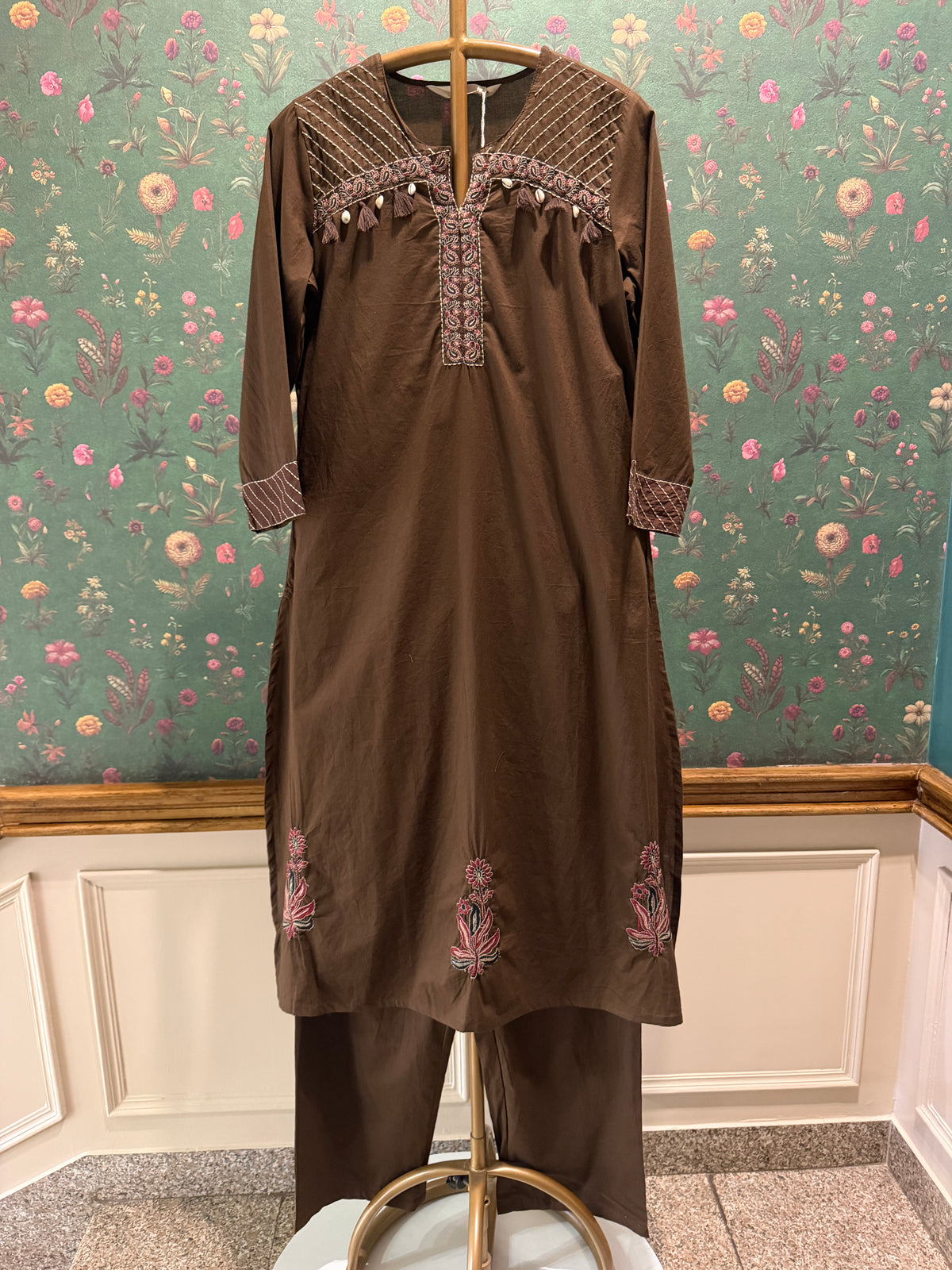 Chocolate Brown Embroidered Pure Cotton Suit Set with Printed Dupatta