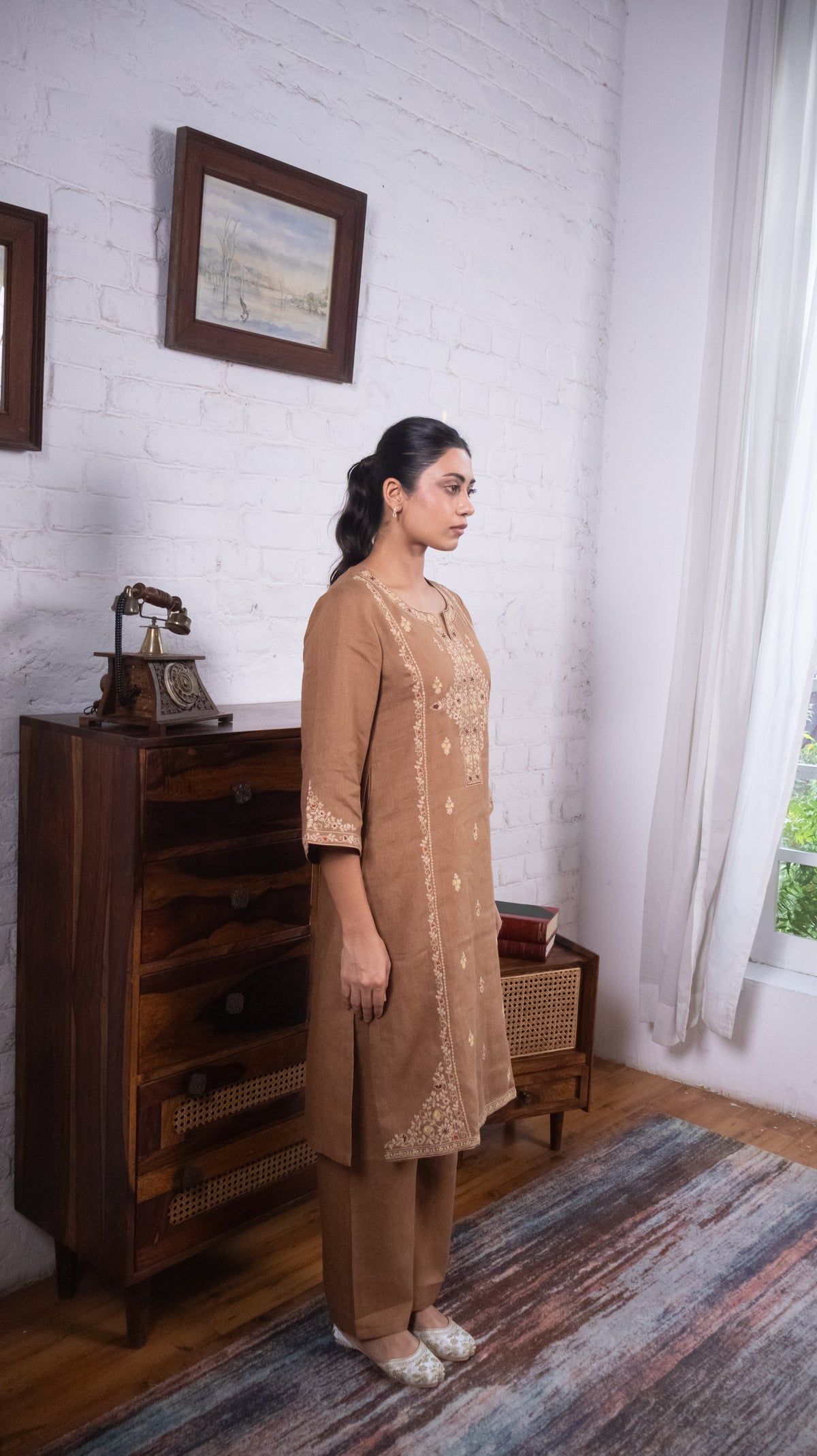 Warm Mocha Brown Pure Linen Embroidered Kurta Set