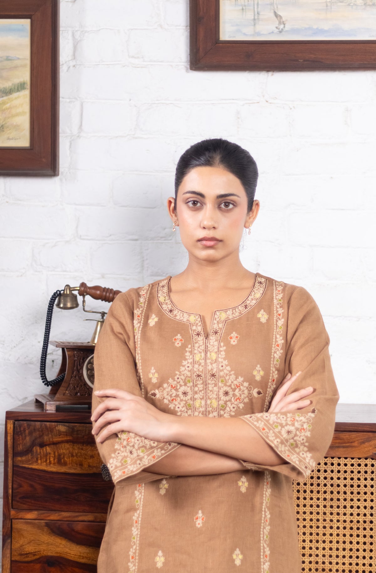 Warm Mocha Brown Pure Linen Embroidered Kurta Set