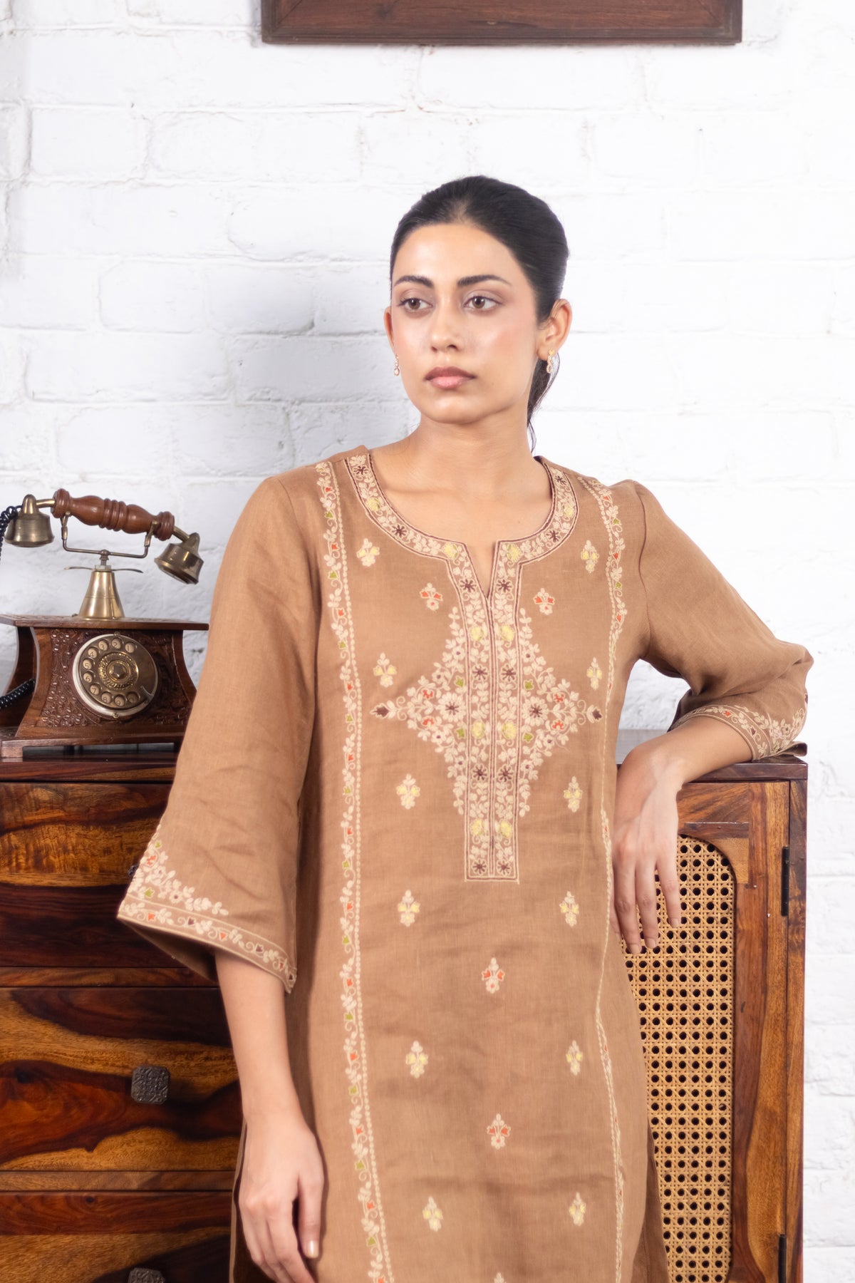 Warm Mocha Brown Pure Linen Embroidered Kurta Set