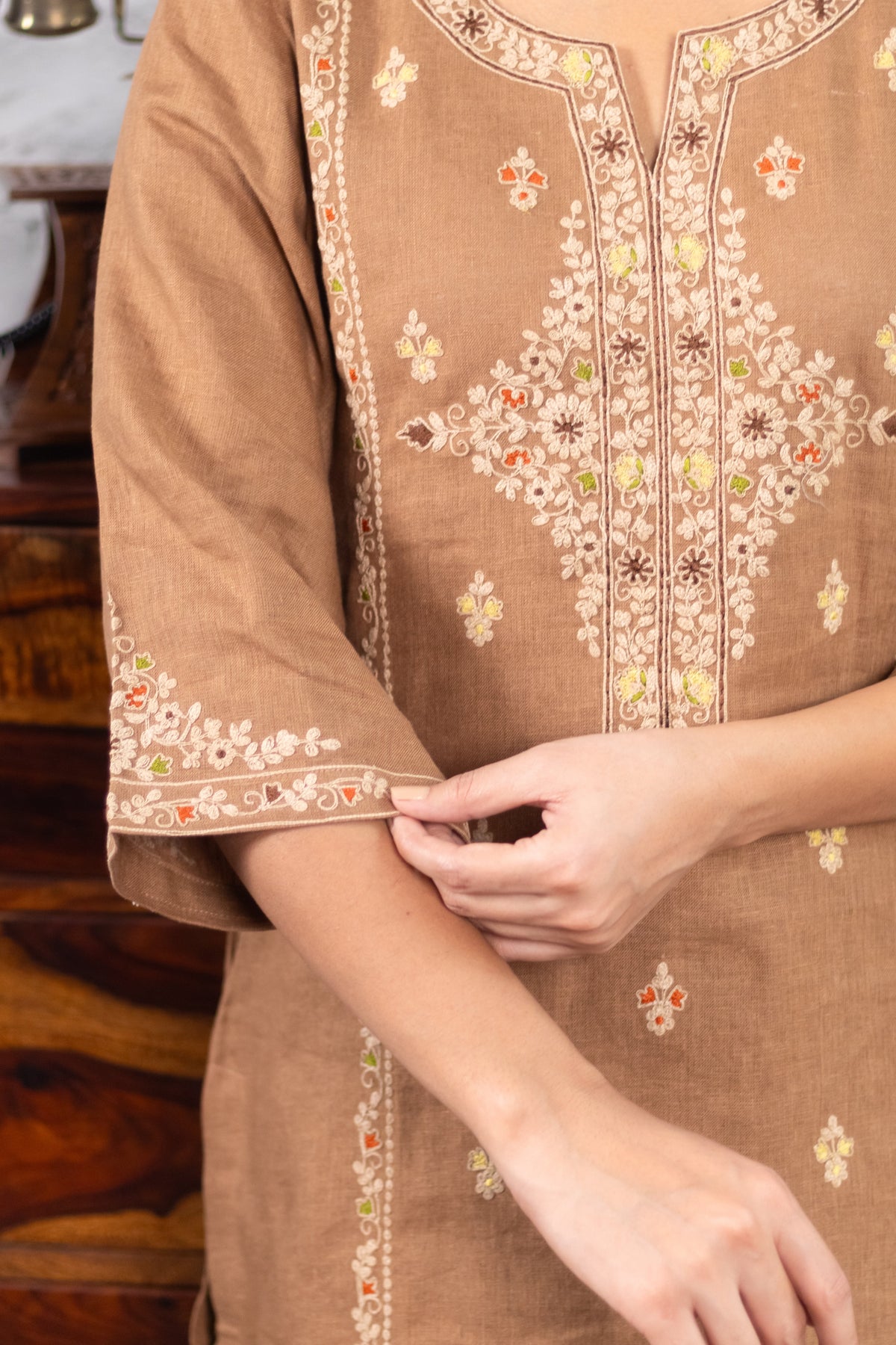 Warm Mocha Brown Pure Linen Embroidered Kurta Set