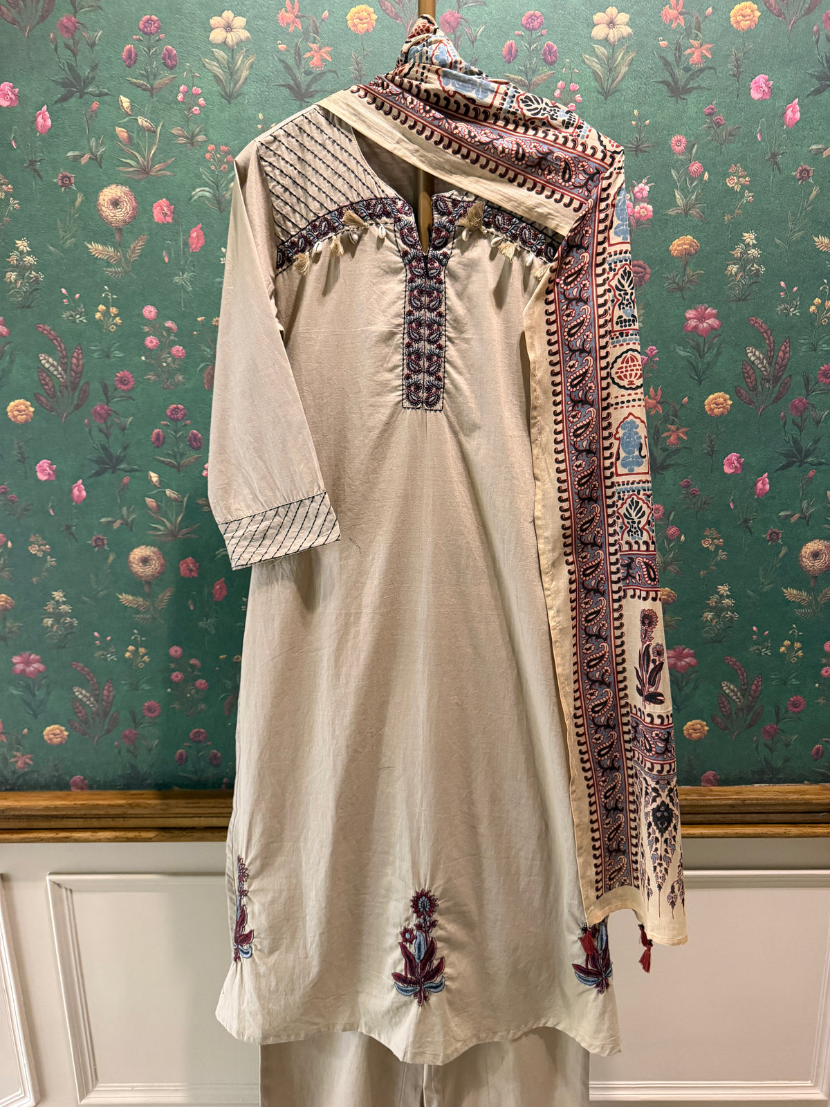 Warm Beige Embroidered Pure Cotton Suit Set