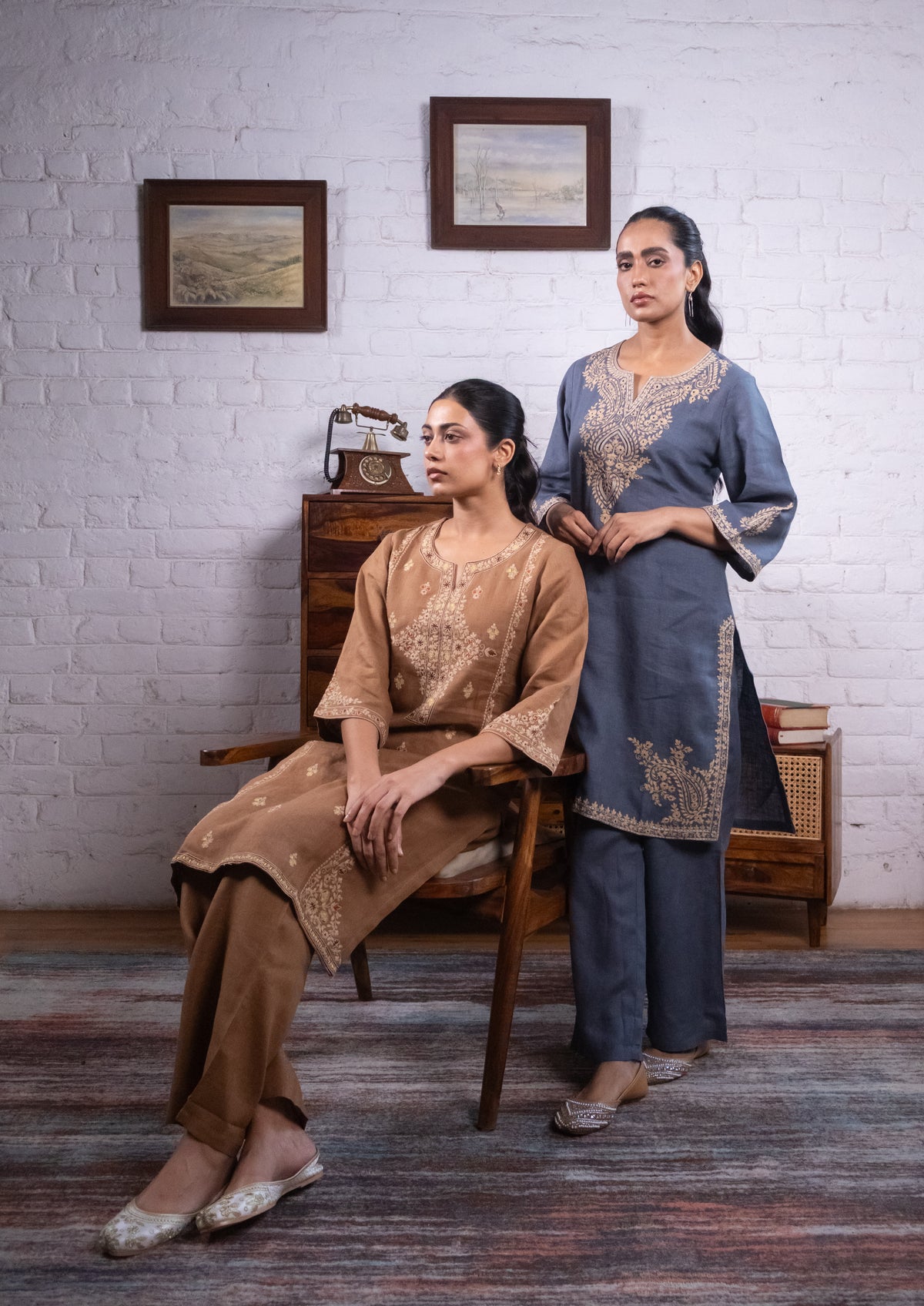 Warm Mocha Brown Pure Linen Embroidered Kurta Set