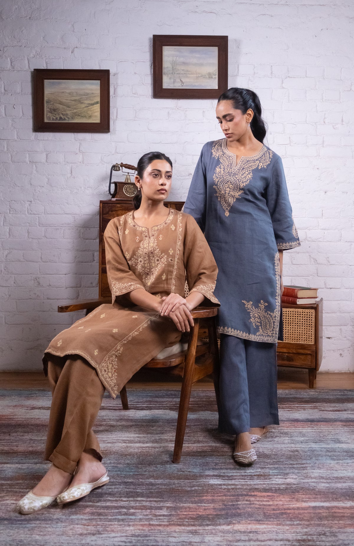 Warm Mocha Brown Pure Linen Embroidered Kurta Set