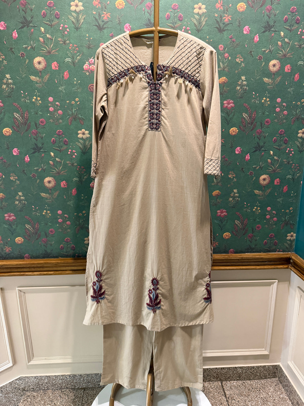 Warm Beige Embroidered Pure Cotton Suit Set