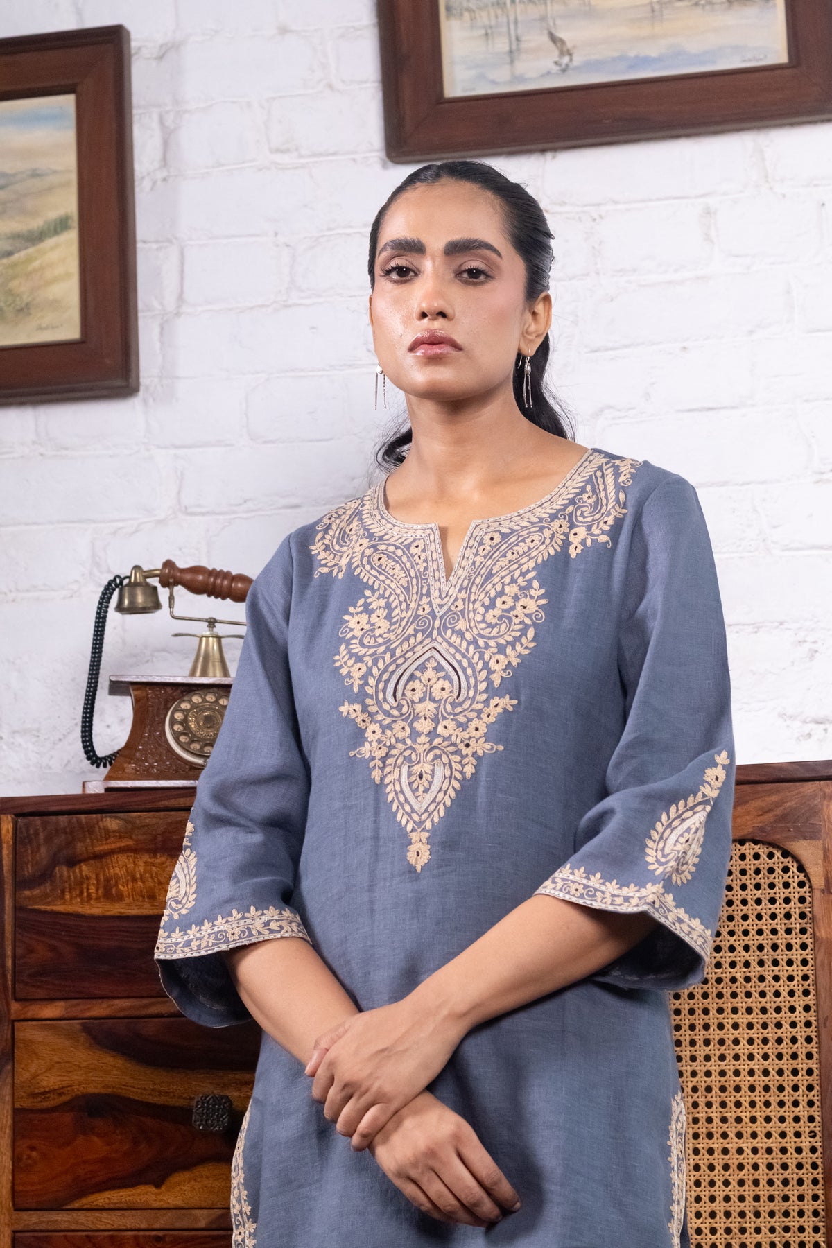 Dusty Blue Pure Linen Embroidered Kurta Set