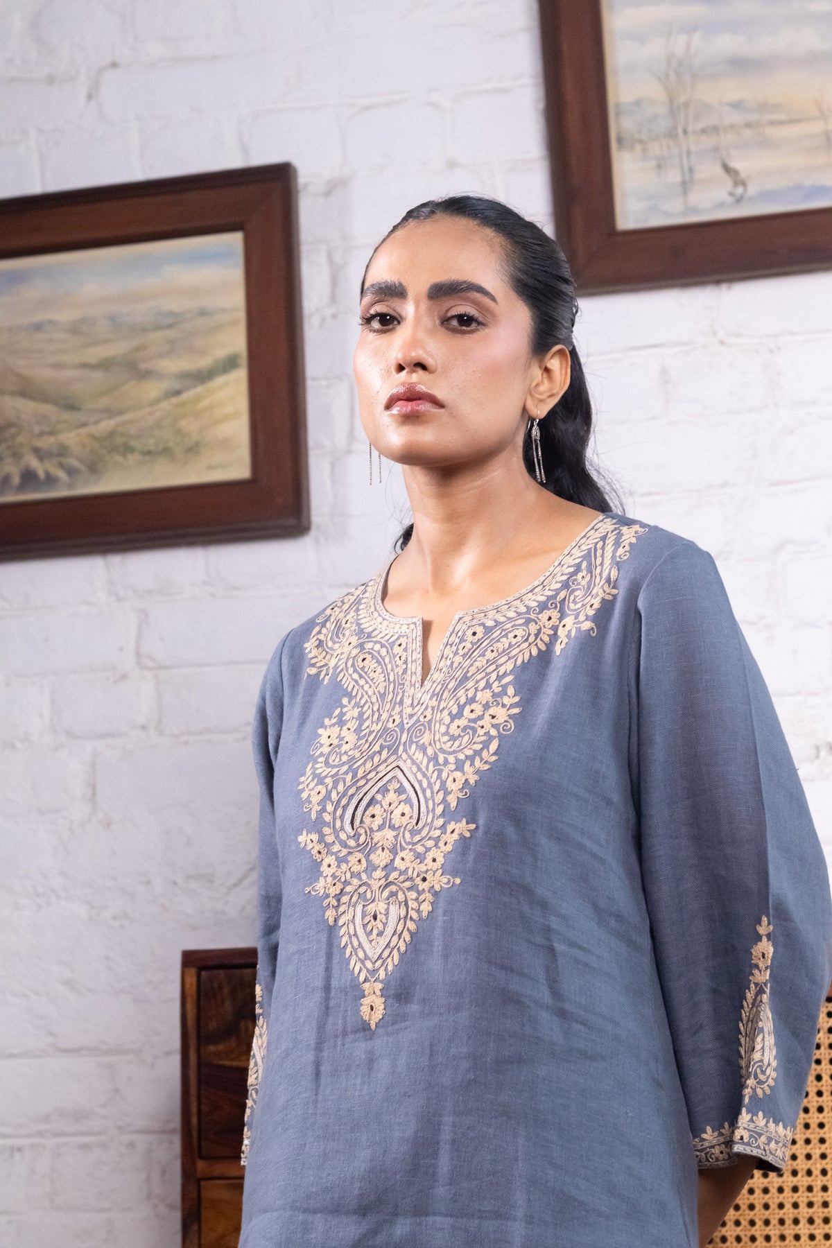 Dusty Blue Pure Linen Embroidered Kurta Set