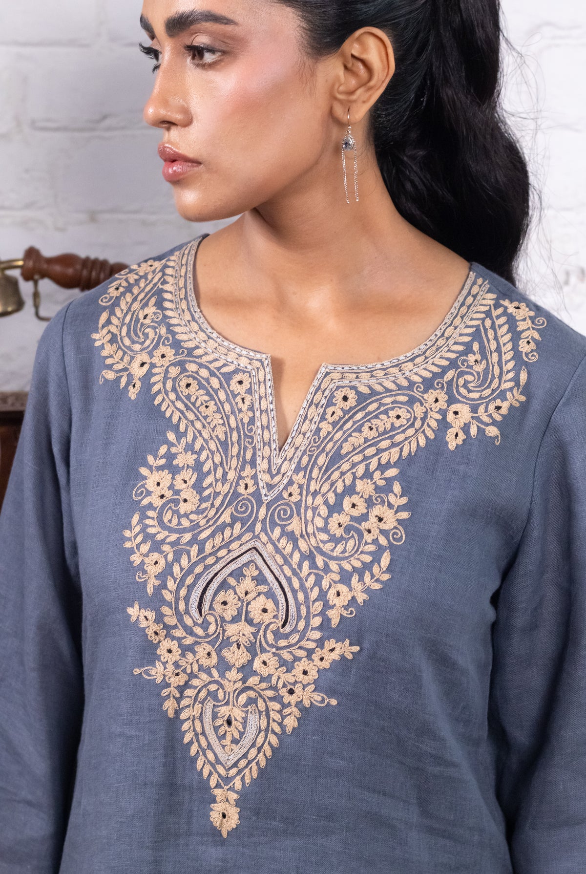 Dusty Blue Pure Linen Embroidered Kurta Set