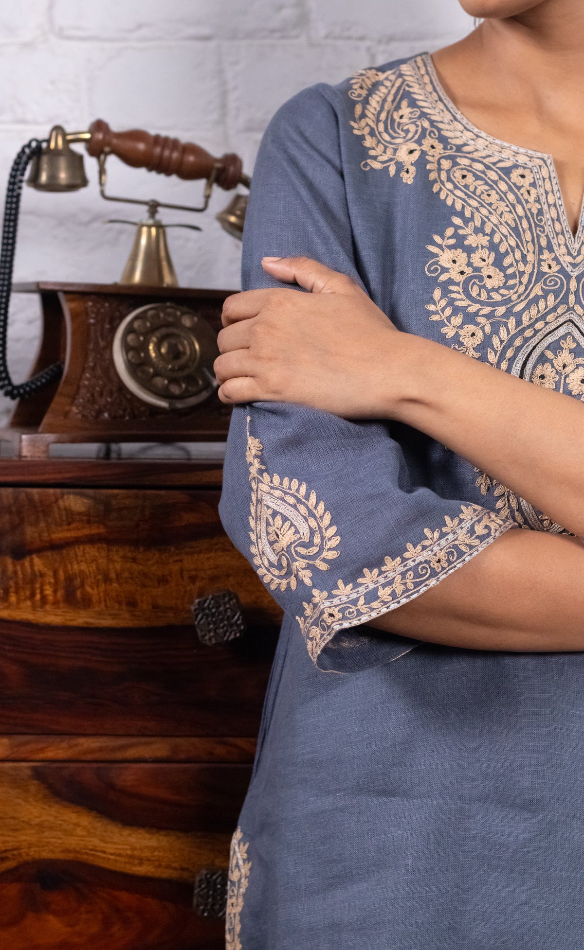 Dusty Blue Pure Linen Embroidered Kurta Set