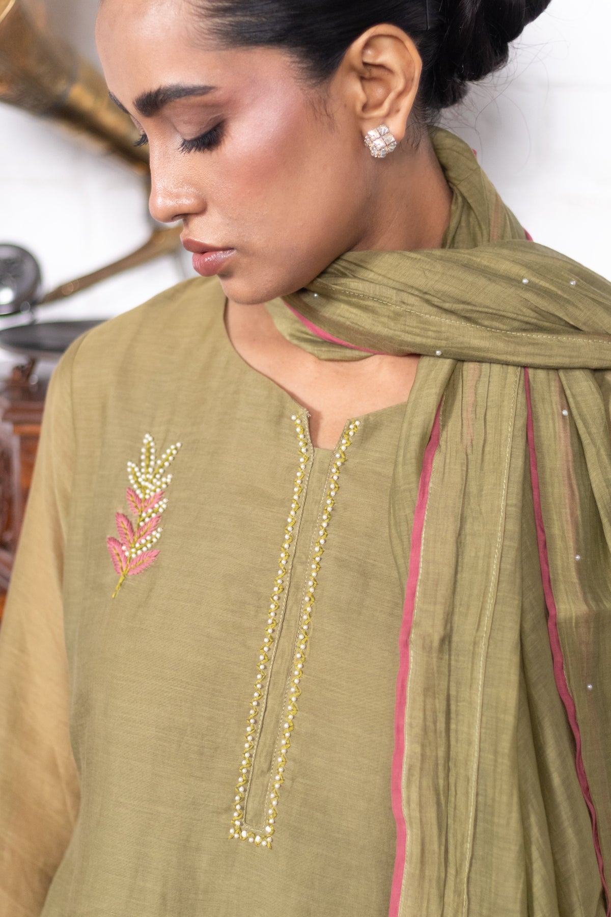 Olive Green Embellished Mul Chanderi A-Line Suit Set