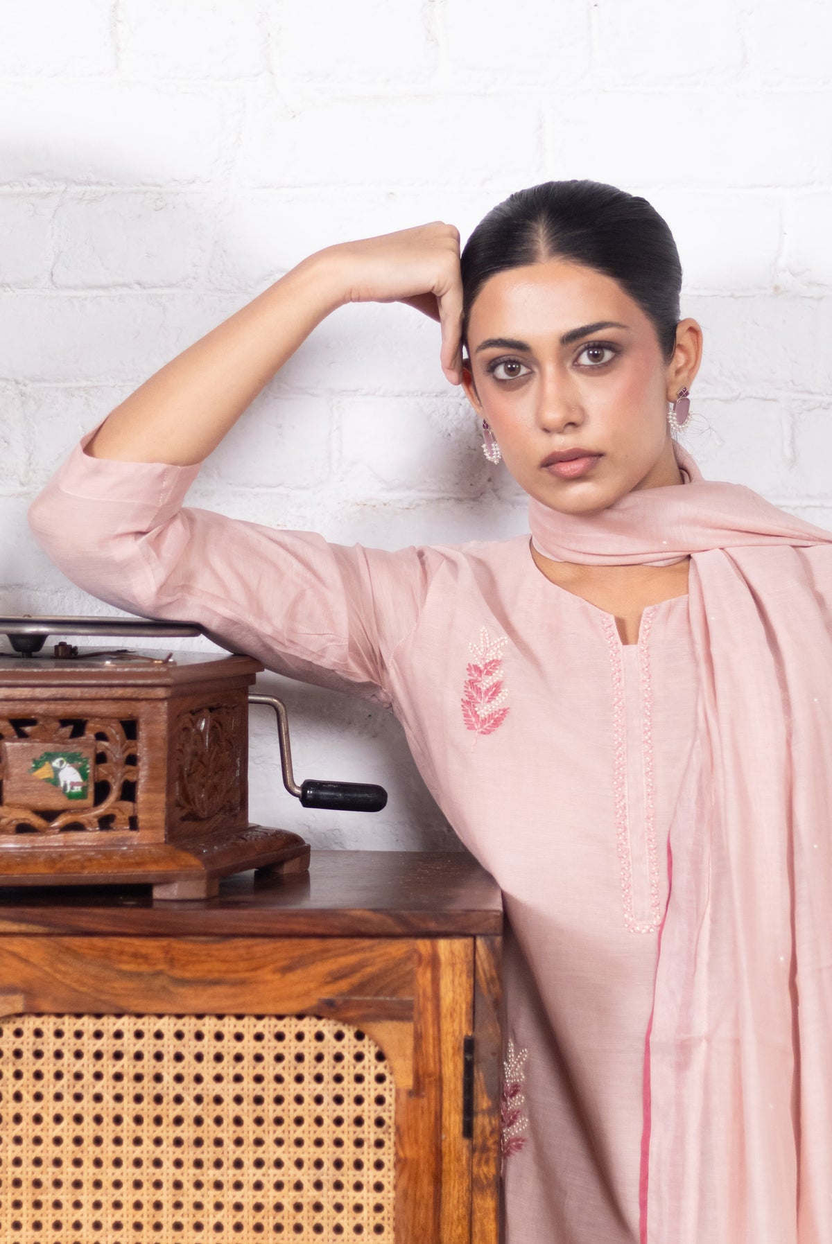 Blush Peach Pearl Embroidered Mul Chanderi A-Line Suit Set