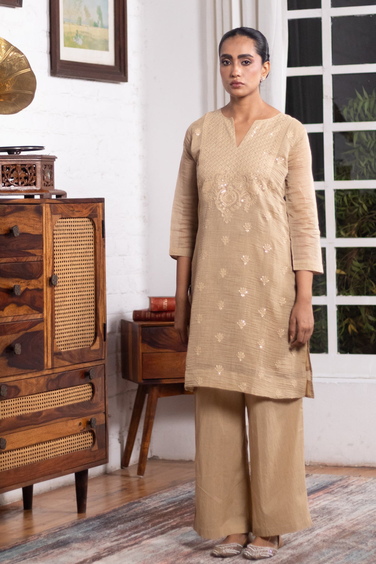 Sand Beige Mul-Chanderi Kurta Set