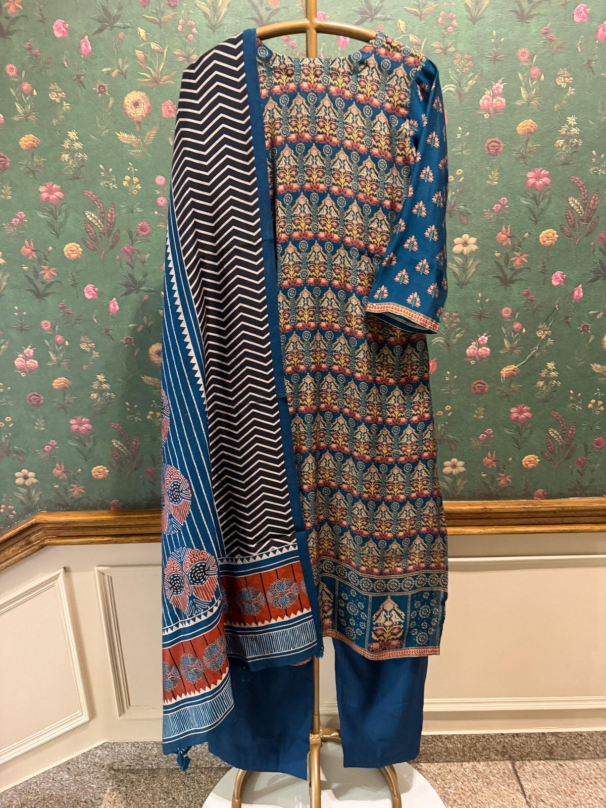 Teal Blue Printed Muslin Suit Set