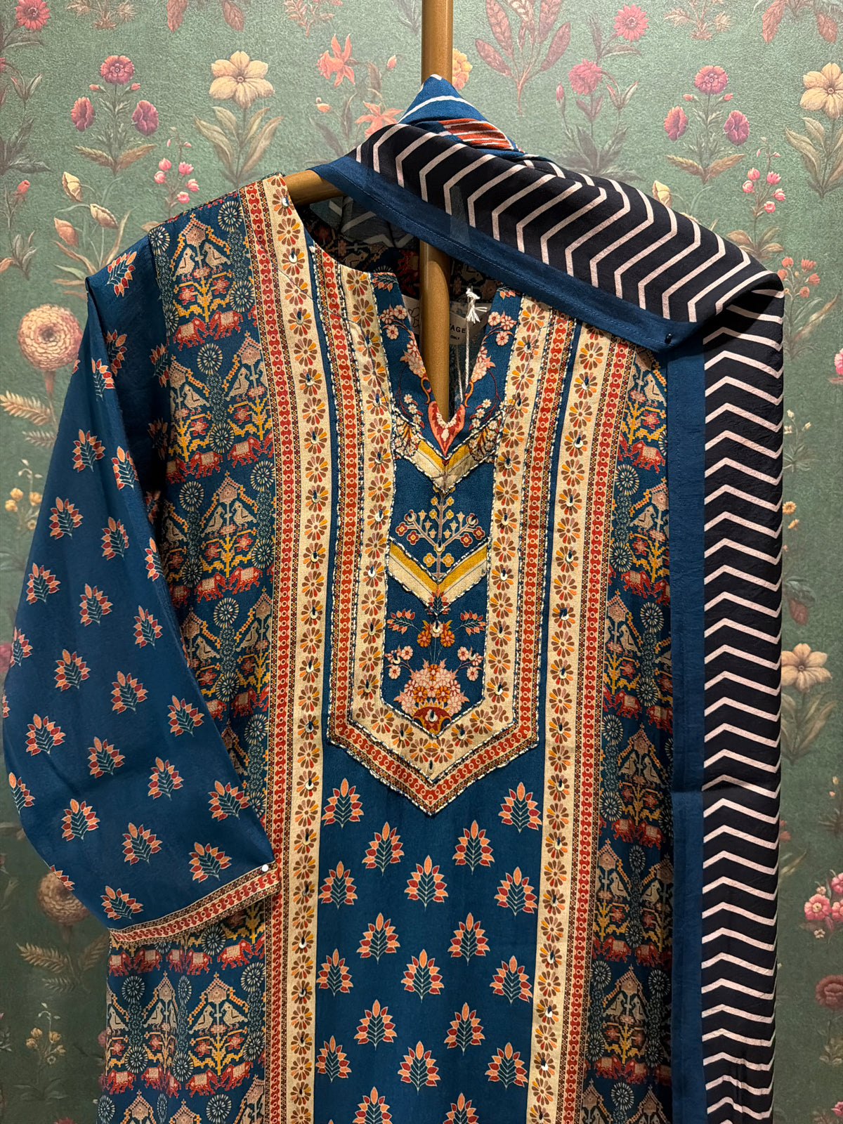 Teal Blue Printed Muslin Suit Set