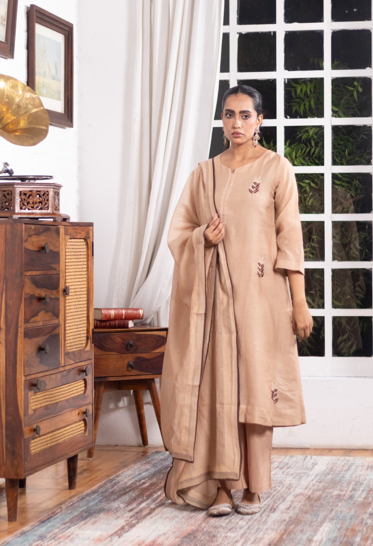 Champagne Beige Embellished Mul Chanderi A-Line Suit Set