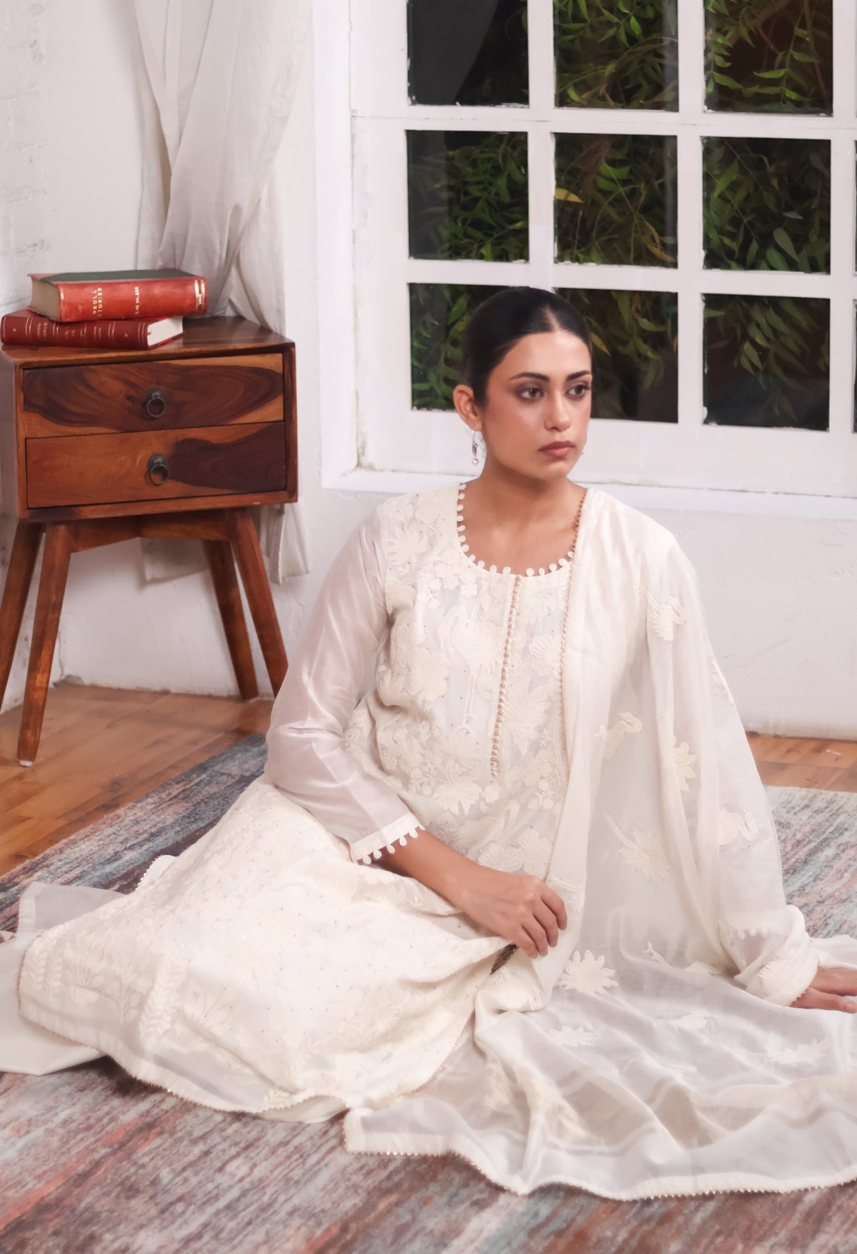 Ivory Floral Crane Embroidered Suit Set