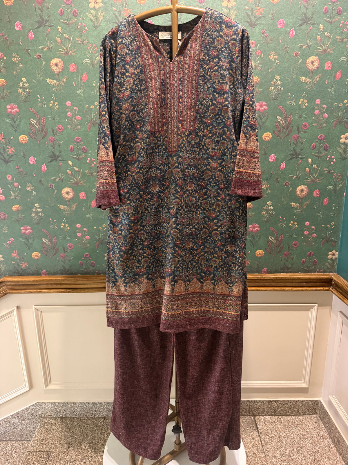 Plum Woollen Floral Kurta Set