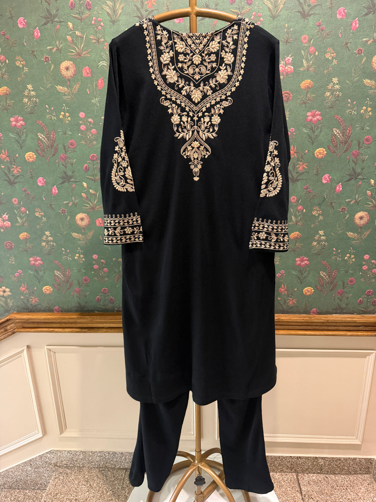 Black Embroidered Woollen Kurta Set