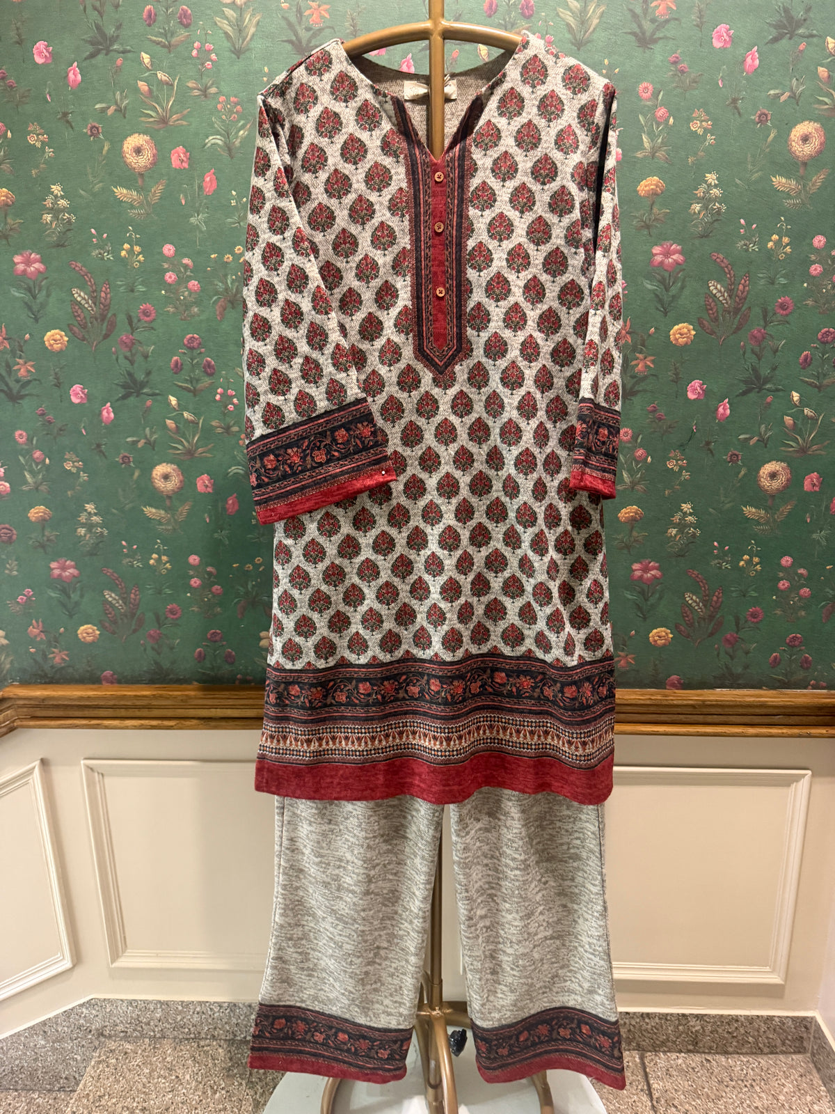 Beige Printed Woollen Kurta/Co-ord Set