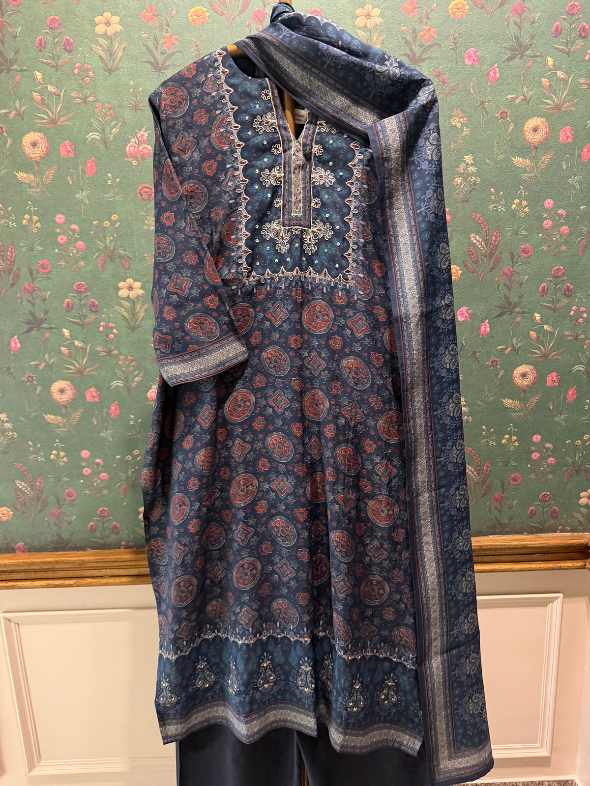 Indigo Medallion Printed Silk Suit Set