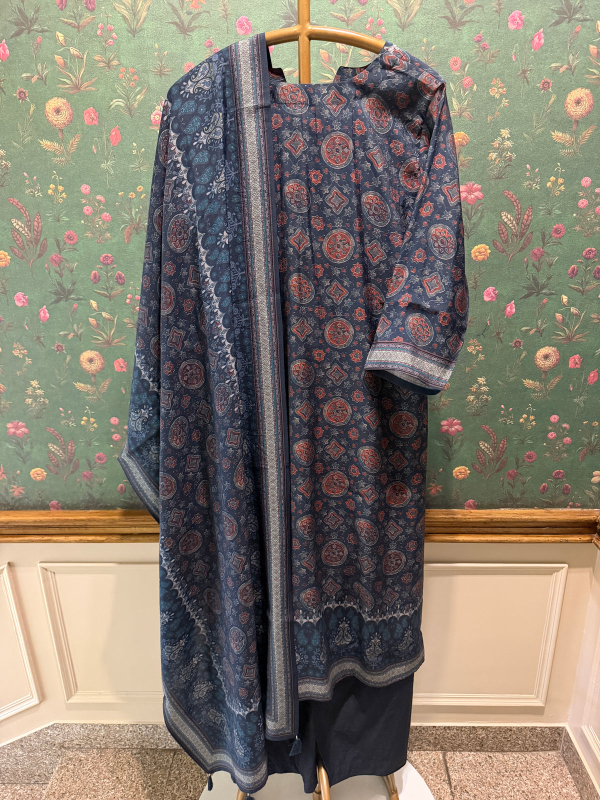 Indigo Medallion Printed Silk Suit Set