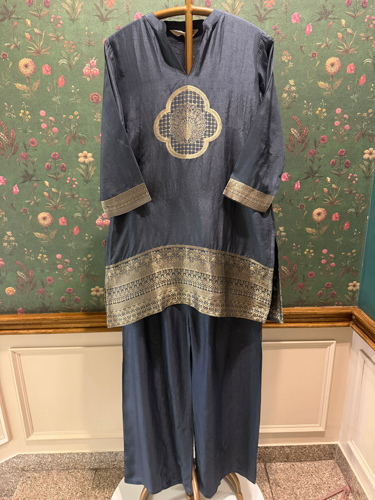 Slate Blue Dola Silk Festive Kurta/Co-ord Set