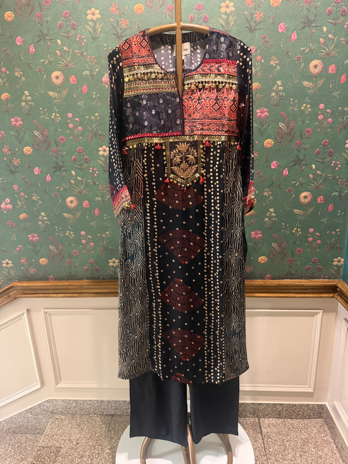 Midnight Blue Gajji Silk Printed Embellished Kurta Set