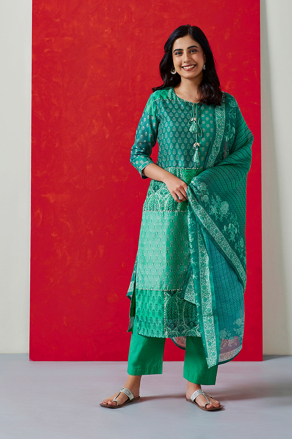 Floral Green Chanderi Suit Set | HER-399