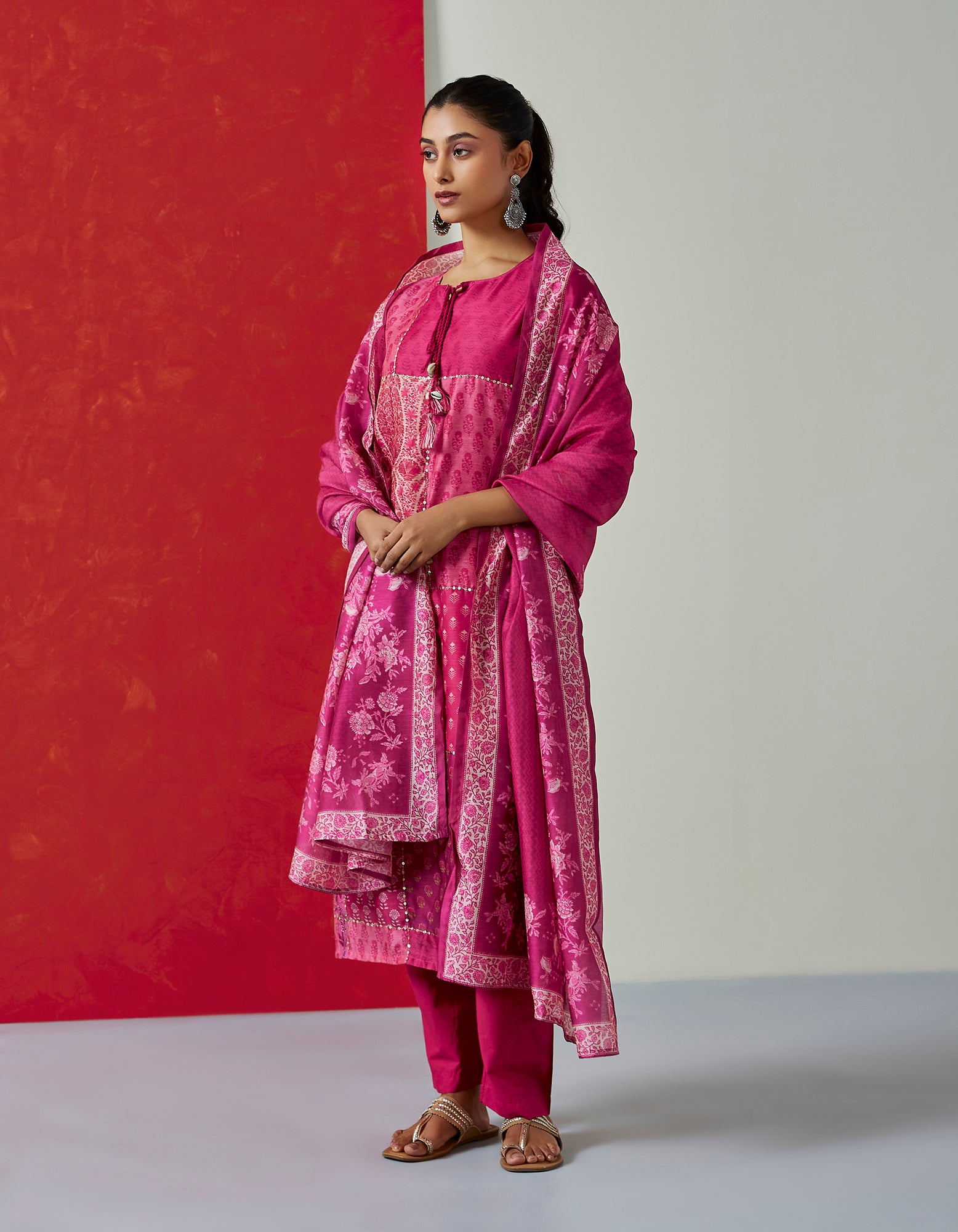 Floral Dark Pink Chanderi Suit Set | HER-399