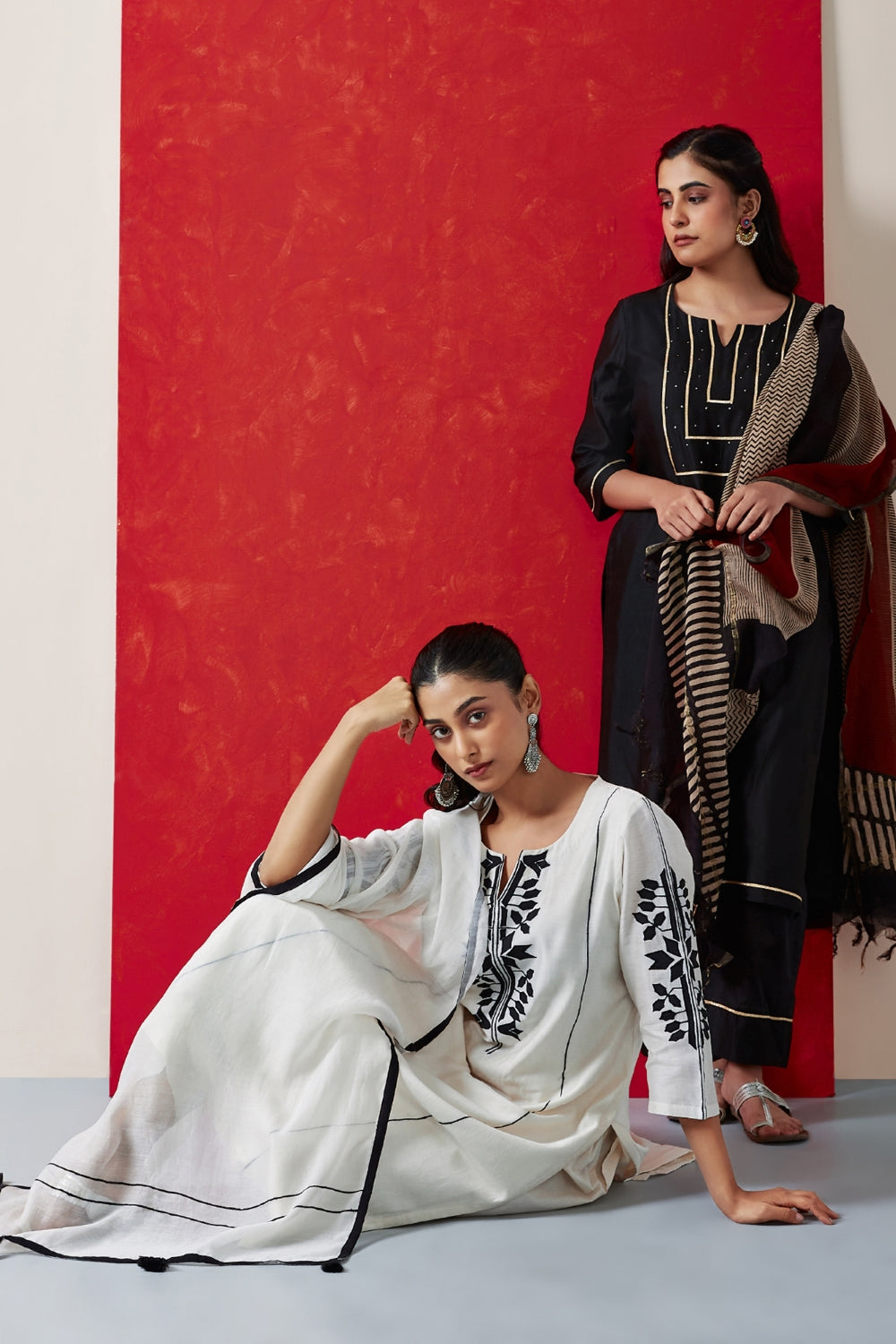 Black Pure Chanderi Suit Set with Handblock Dupatta