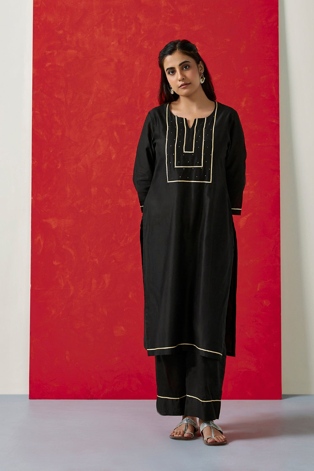 Black Pure Chanderi Suit Set with Handblock Dupatta