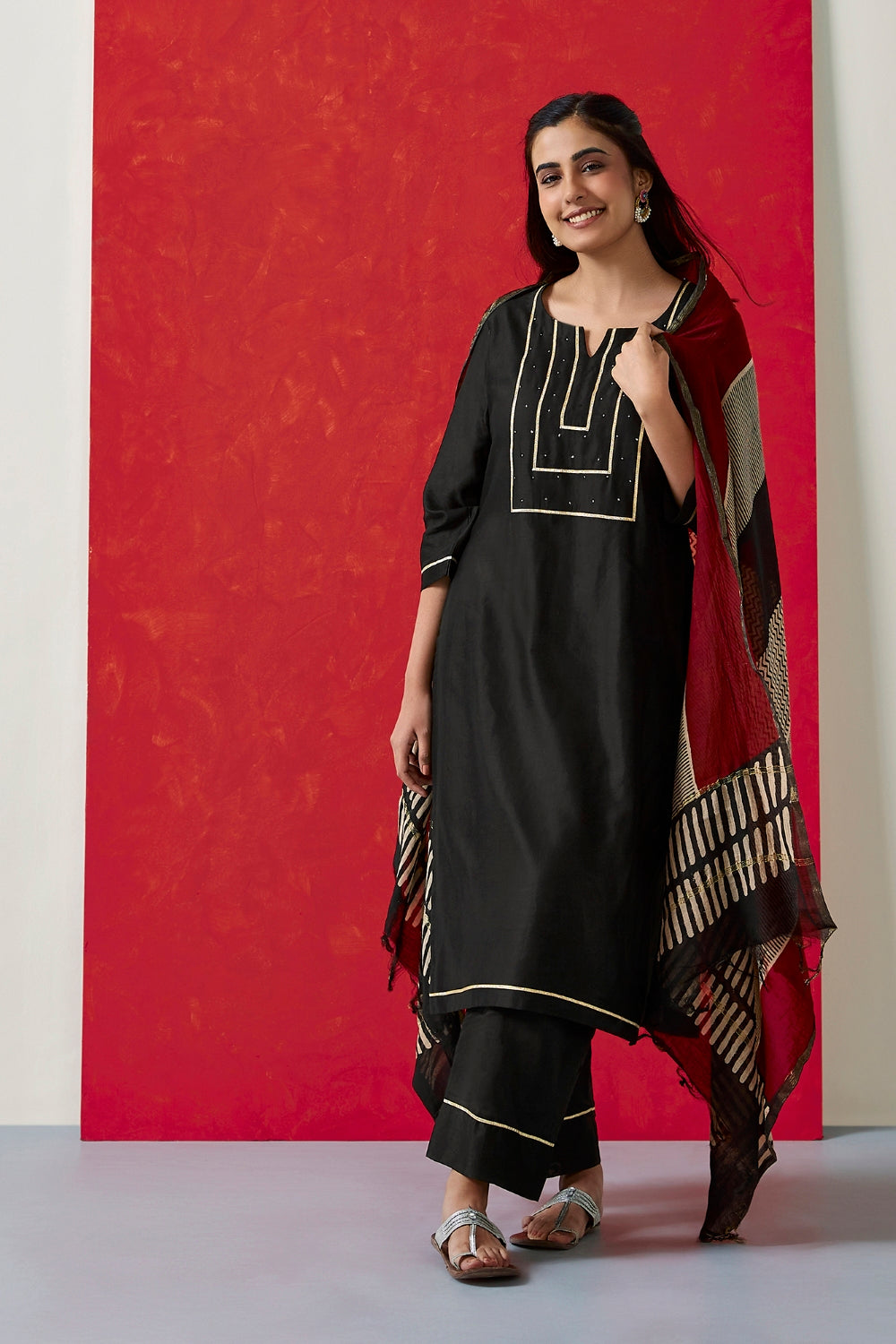 Black Pure Chanderi Suit Set with Handblock Dupatta