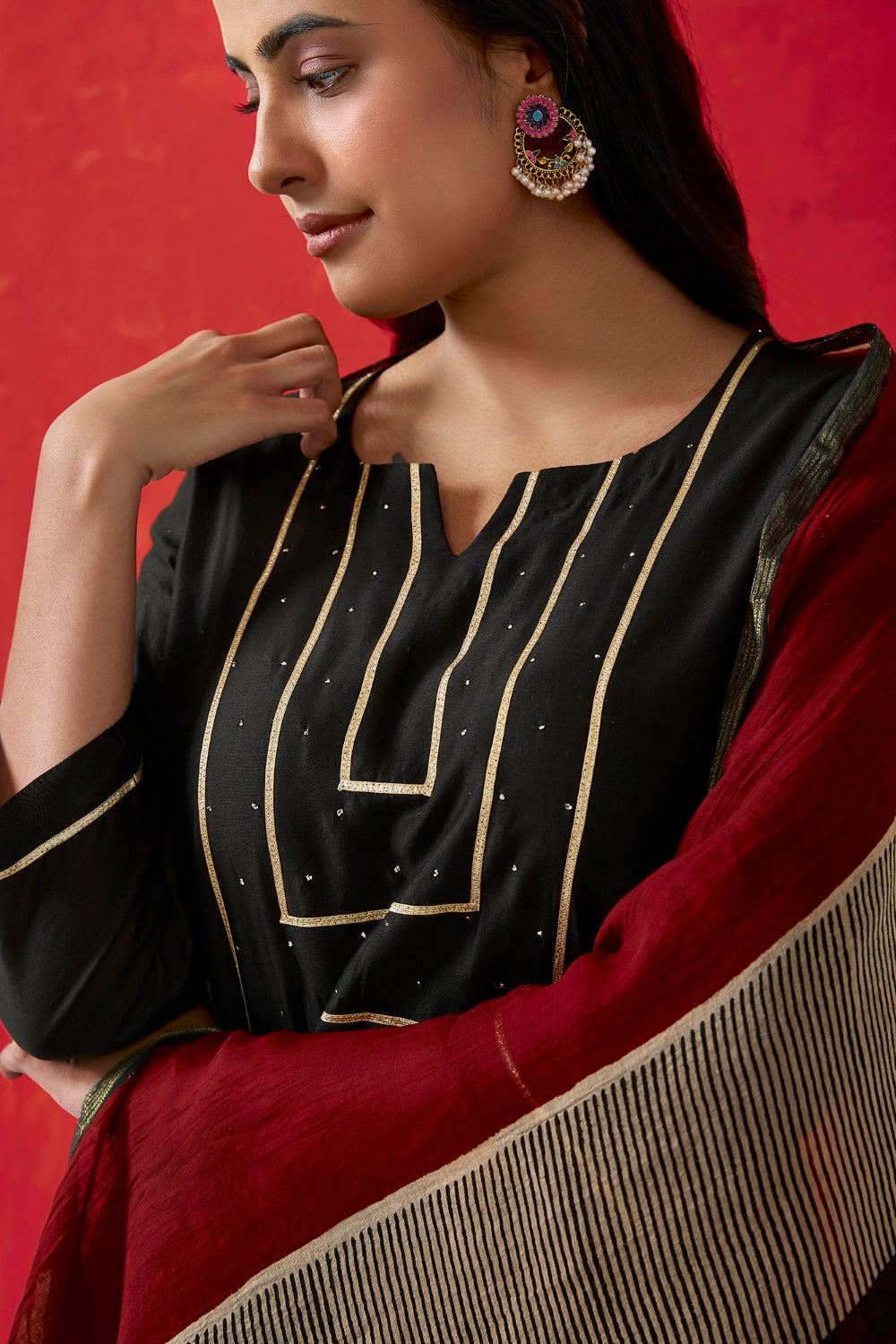 Black Pure Chanderi Suit Set with Handblock Dupatta