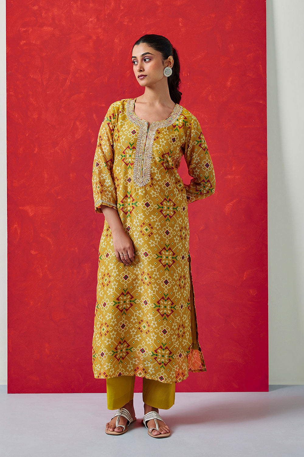 Yellow Chanderi Suit Set (with Pants and Dupatta)