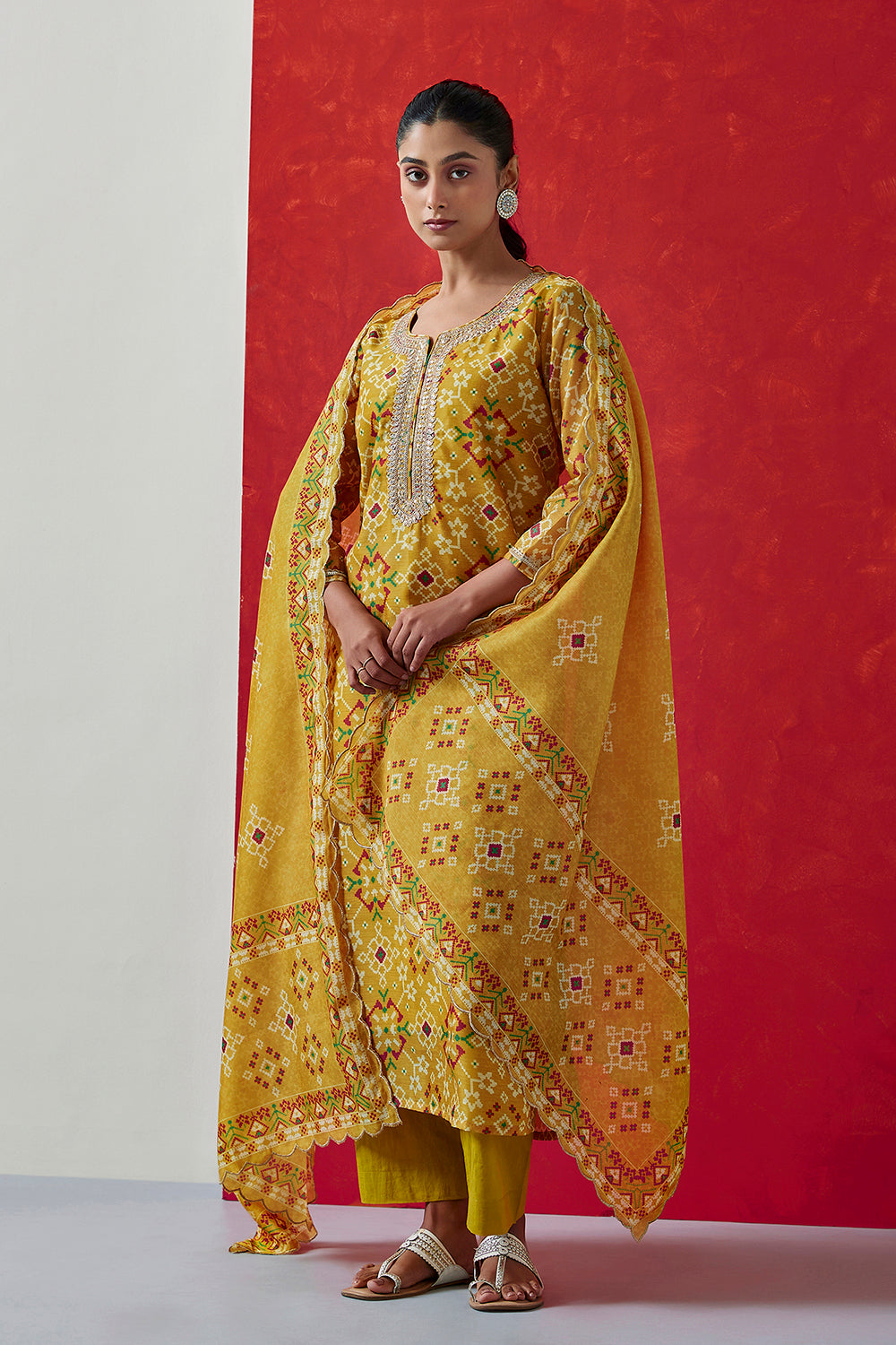 Yellow Chanderi Suit Set (with Pants and Dupatta)