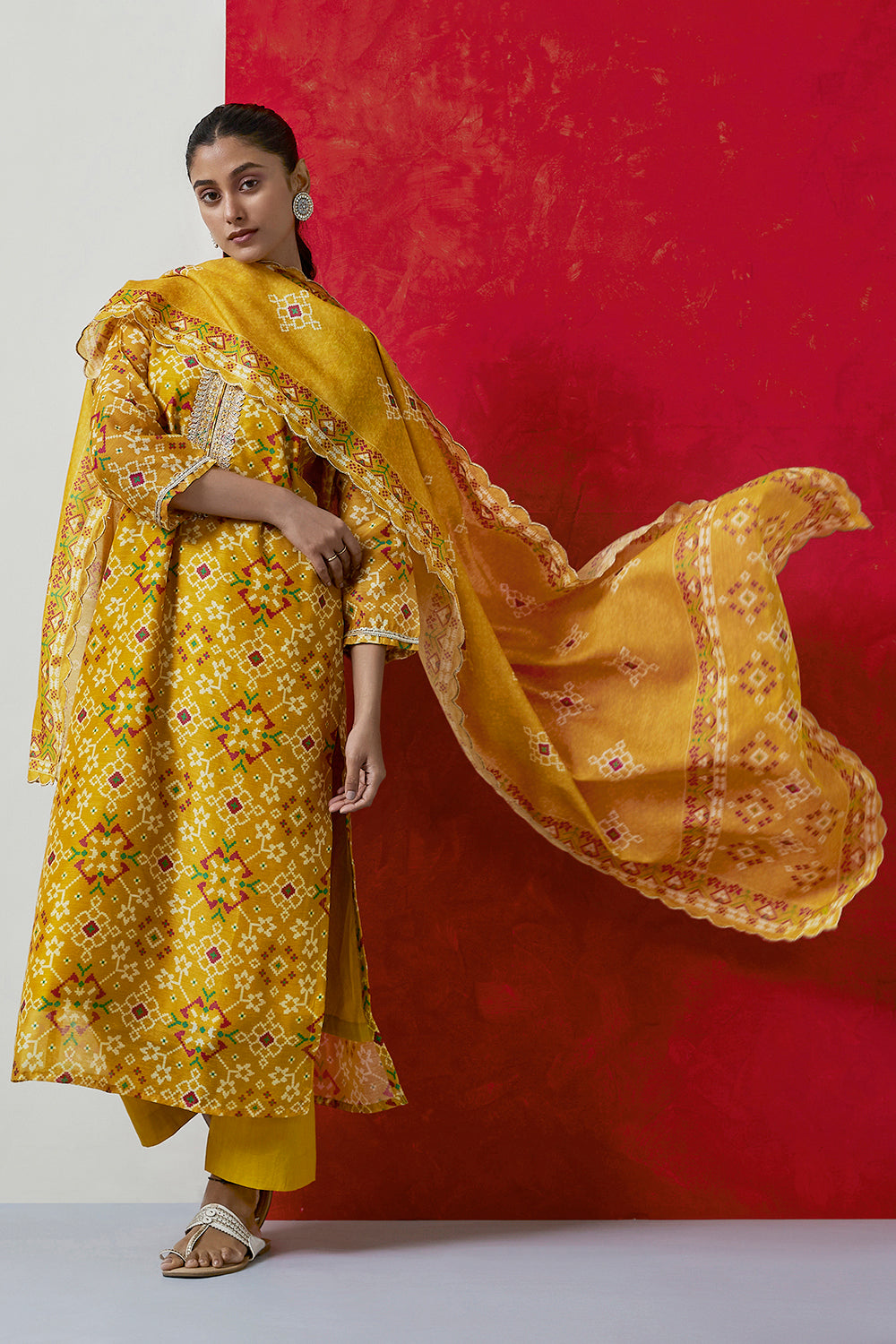Yellow Chanderi Suit Set (with Pants and Dupatta)