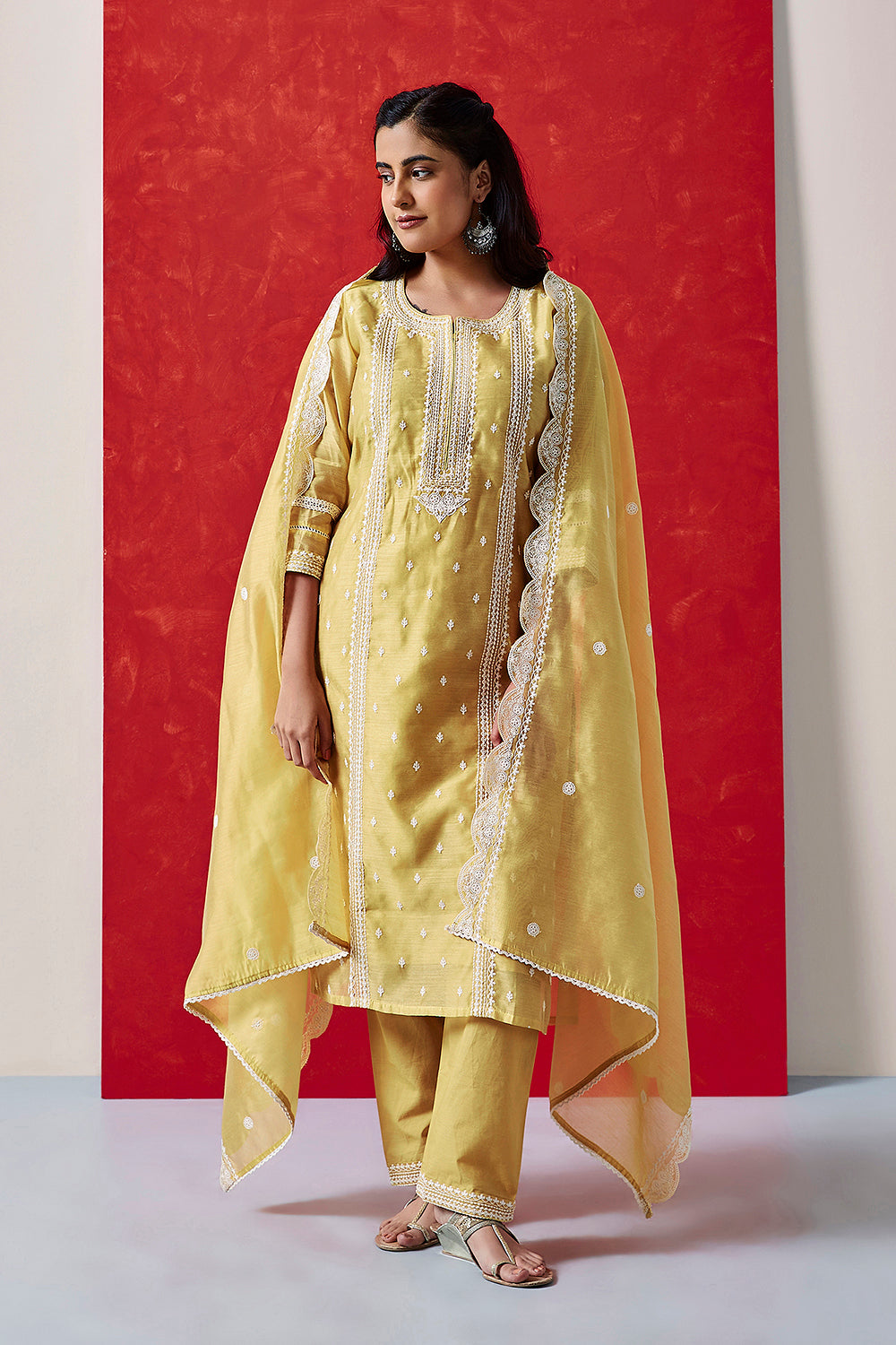 Zariya Yellow Embroidered Chanderi Suit Set | HER-388