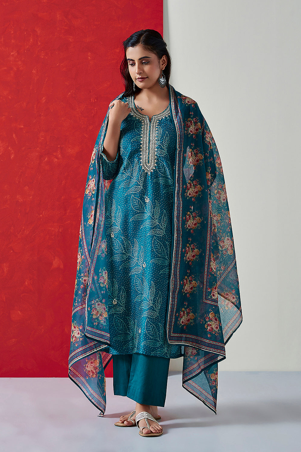 Blue Straight Fit Chanderi Suit Set | HER-412