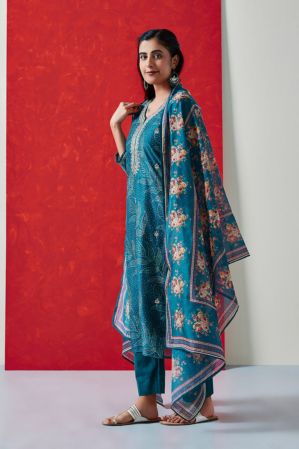 Blue Straight Fit Chanderi Suit Set | HER-412