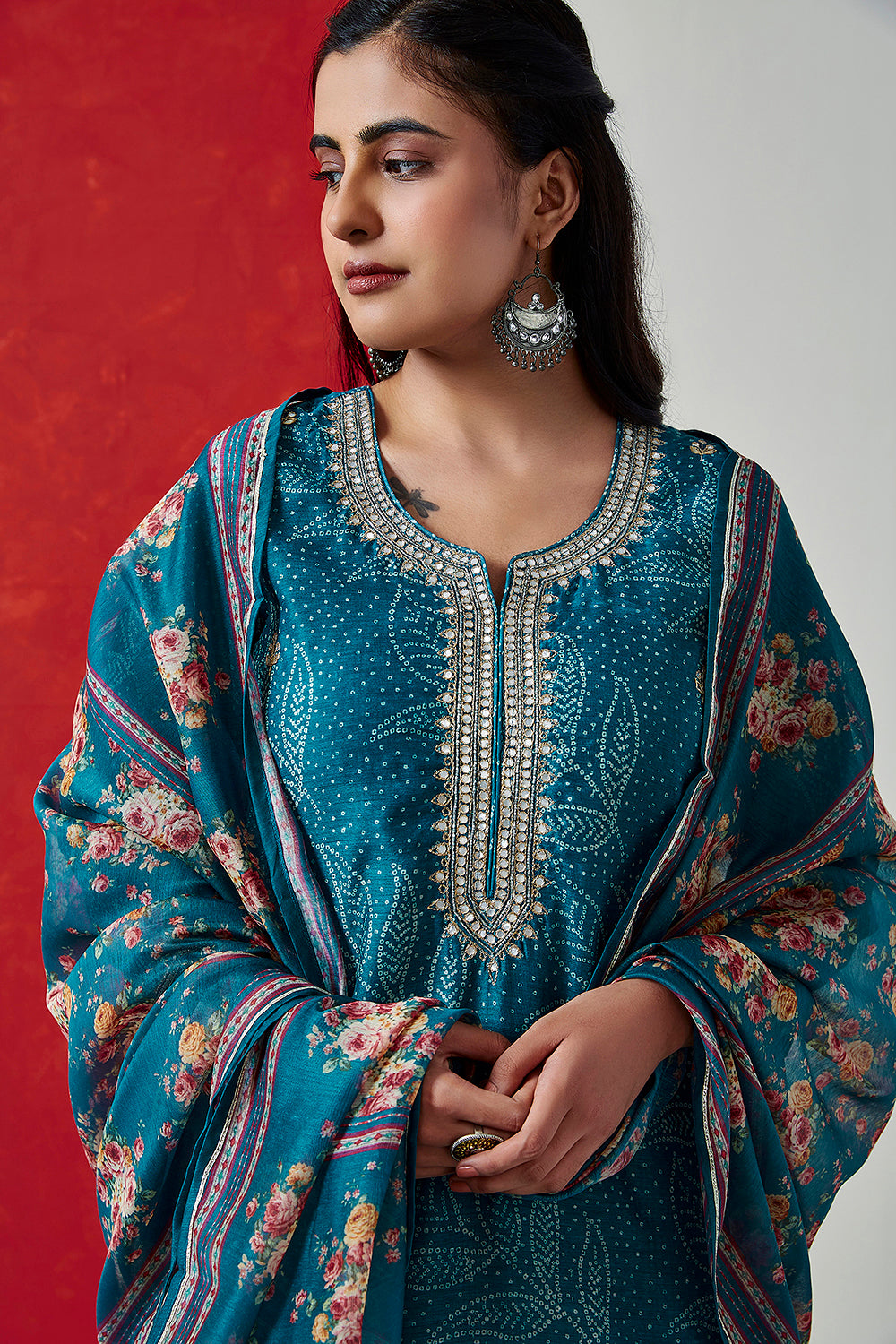 Blue Straight Fit Chanderi Suit Set | HER-412