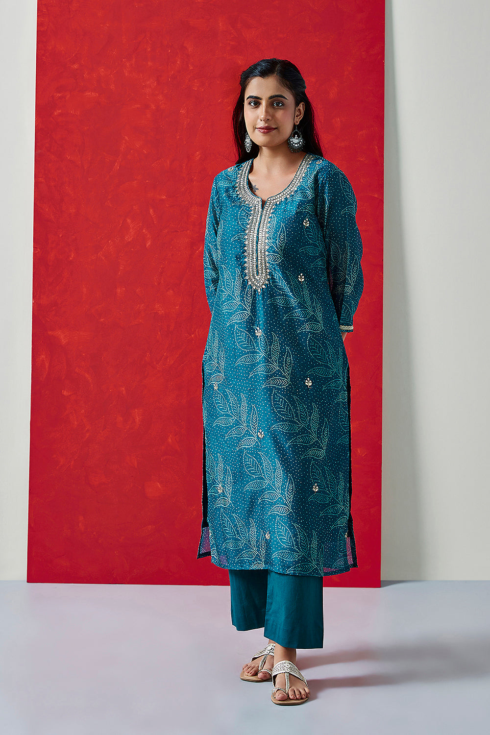 Blue Straight Fit Chanderi Suit Set | HER-412