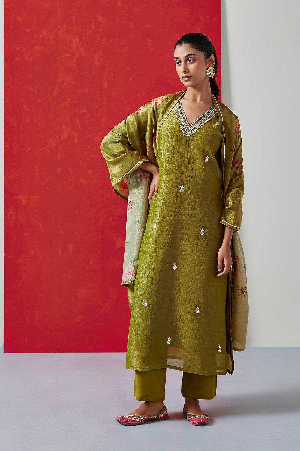 Olive Green Pure Crushed Tissue Suit Set