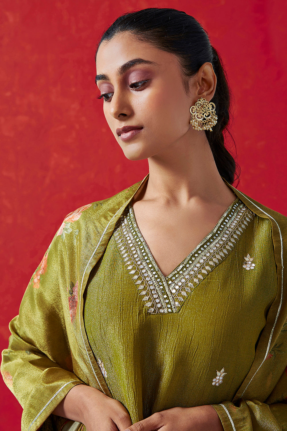 Olive Green Pure Crushed Tissue Suit Set