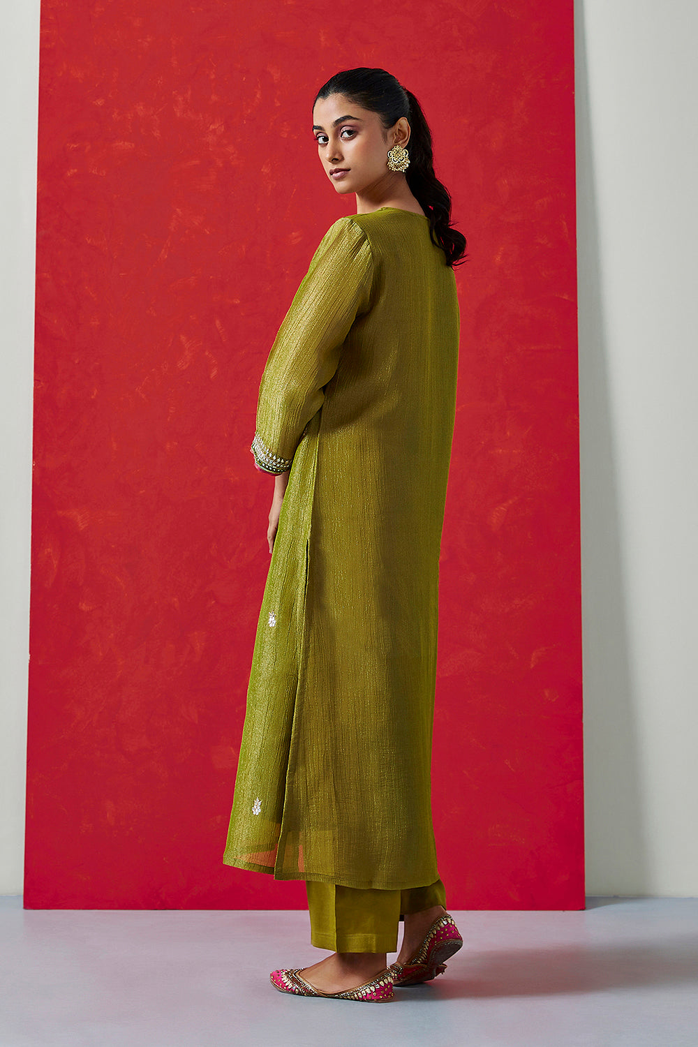 Olive Green Pure Crushed Tissue Suit Set