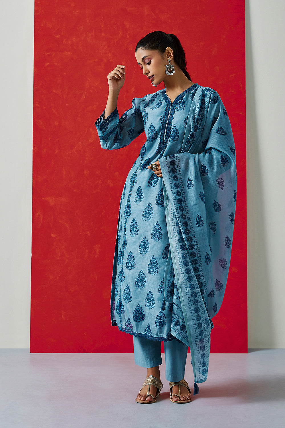 Tehzeeb ‘Powder Indigo Blue’ Chanderi Suit Set | HER-411