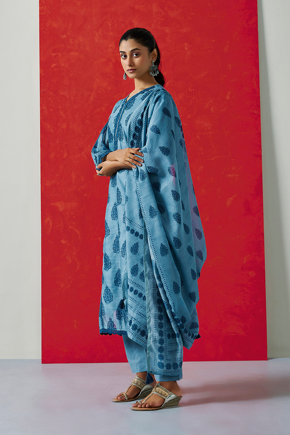 Tehzeeb ‘Powder Indigo Blue’ Chanderi Suit Set | HER-411