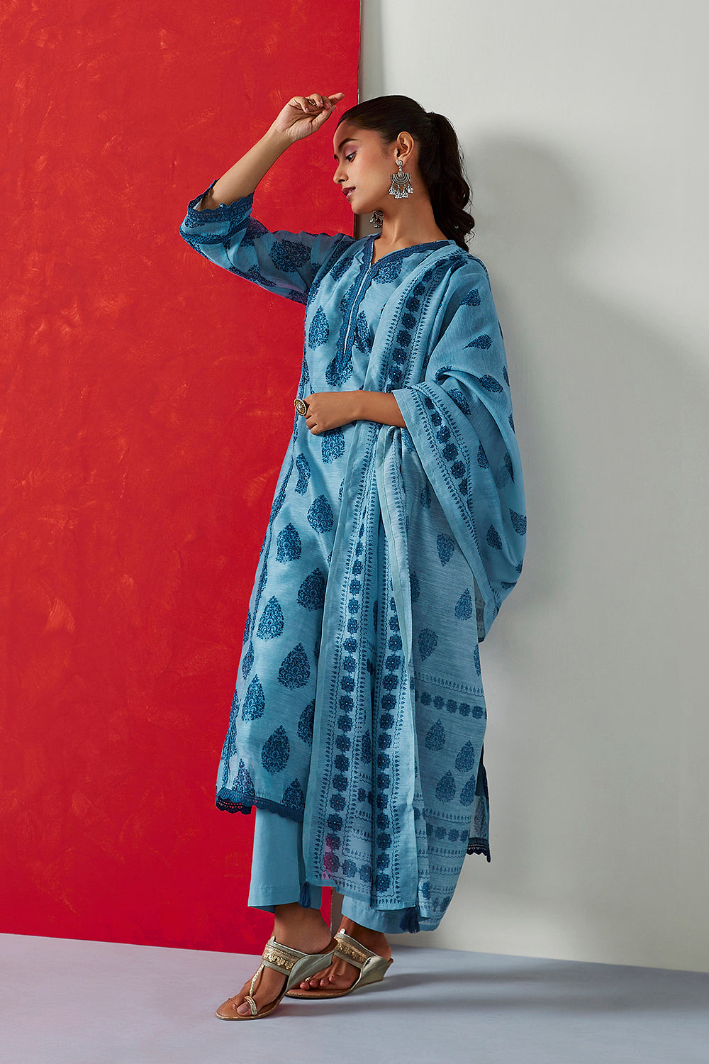Tehzeeb ‘Powder Indigo Blue’ Chanderi Suit Set | HER-411
