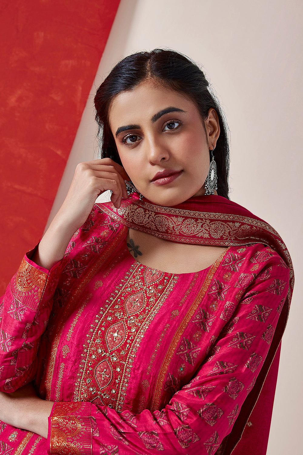 Bright Pink Dola Jacquard Suit Set