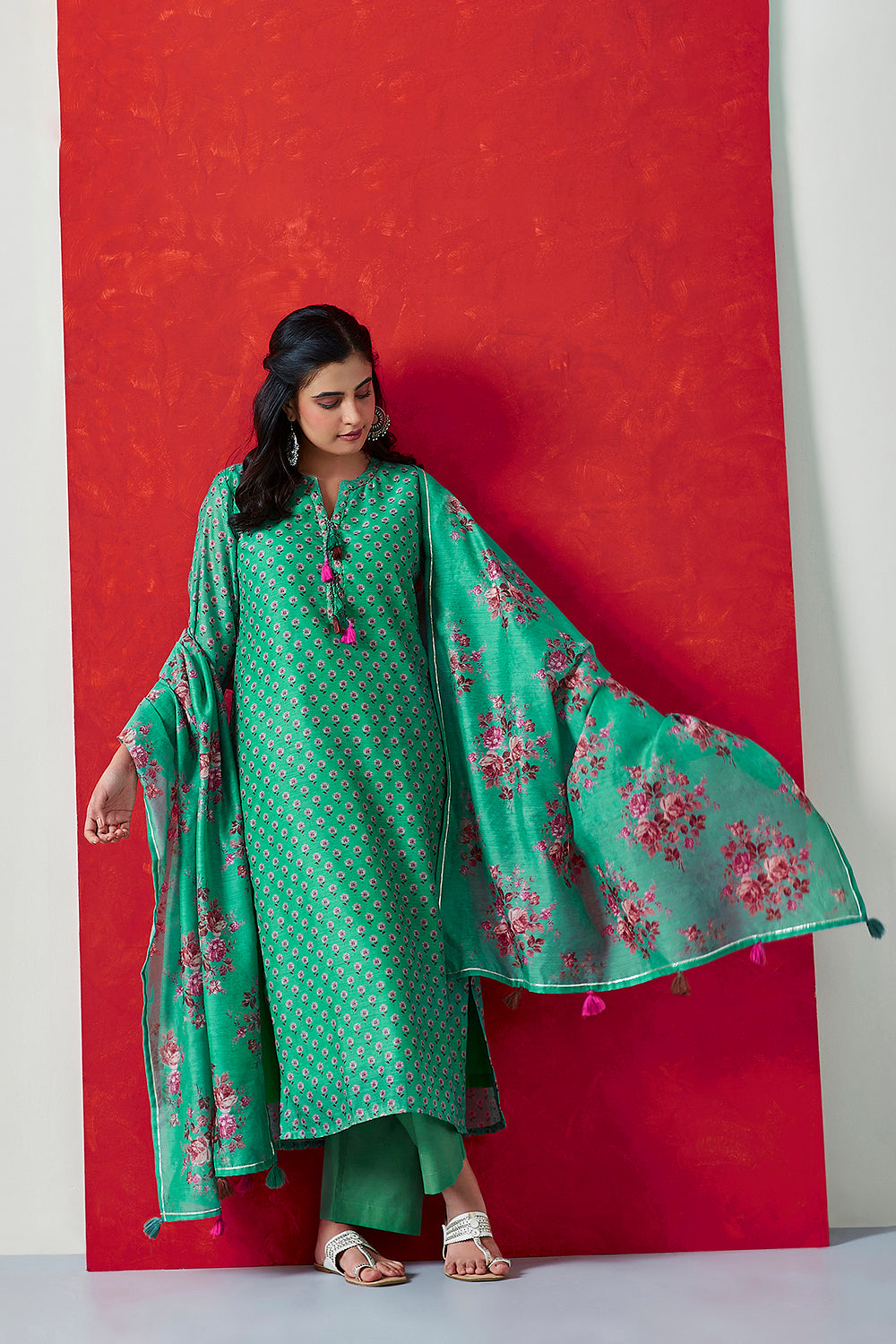 Green Chanderi Suit Set | HER-410